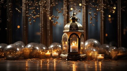 Obraz premium A majestic silver and gold background with beautiful Arabic calligraphy and a glistening lantern centerpiece