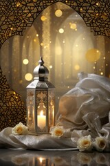 A majestic silver and gold background with beautiful Arabic calligraphy and a glistening lantern centerpiece