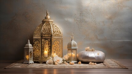 Fototapeta na wymiar A majestic silver and gold background with beautiful Arabic calligraphy and a glistening lantern centerpiece