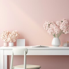 A minimalist white desk with a vase of fresh white hydrangeas