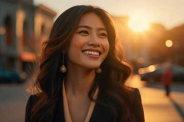 Obraz premium Woman with long dark hair smiling directly at camera. Perfect for various uses.
