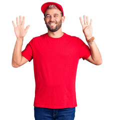 Young handsome blond man wearing t-shirt and cap showing and pointing up with fingers number nine while smiling confident and happy.