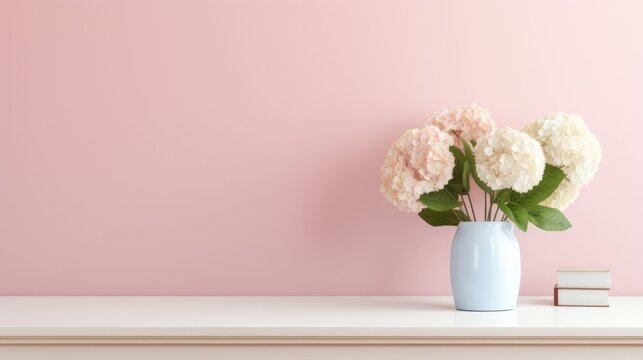 A minimalist white desk with a vase of fresh white hydrangeas
