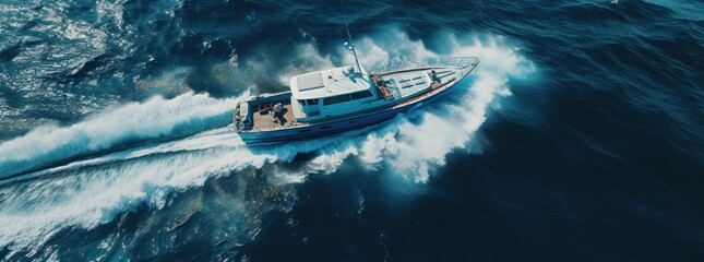 a motorboat traveling in the ocean from an overhead aerial view, - obrazy, fototapety, plakaty