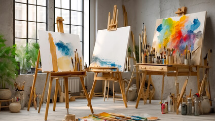 Interior of an artist's room with easels
