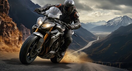 a motorcycle rider clinging onto a mountain road,