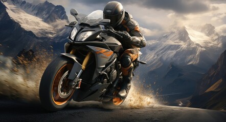 a motorcycle rider clinging onto a mountain road, - obrazy, fototapety, plakaty