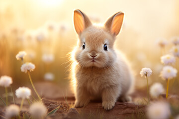 Cute Baby Bunny Rabbit and White Flowers