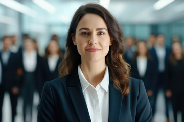 Fototapeta premium Woman confidently stands in front of group of people. This image can be used to represent leadership, public speaking, teamwork, or any situation where one person is addressing group.