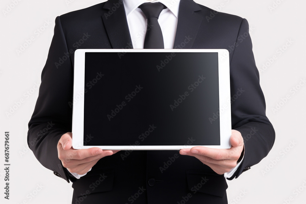 Poster man dressed in suit holding tablet computer. this versatile image can be used to depict technology, 