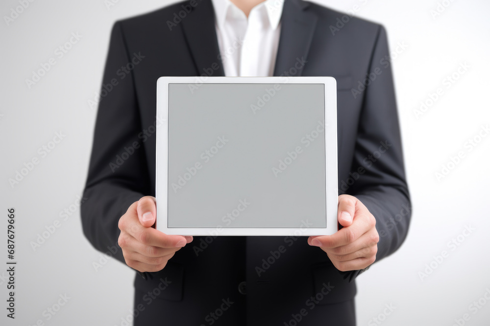 Poster man in suit holding tablet computer. perfect for business and technology concepts.