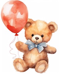 a painting of a teddy bear carrying a balloon,
