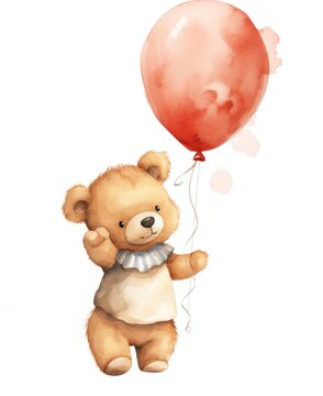 a painting of a teddy bear carrying a balloon,