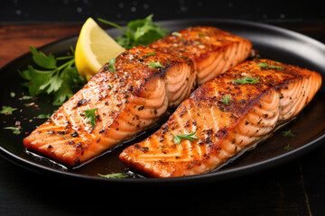 Freshly cooked salmon fillets served on black plate with garnish of lemon wedge. Ideal for food...