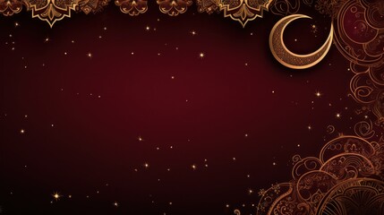A rich burgundy and gold background with intricate geometric patterns and a striking crescent moon and stars
