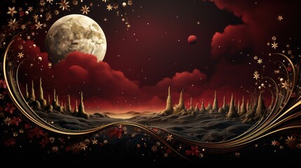A rich burgundy and gold background with intricate geometric patterns and a striking crescent moon and stars