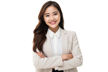 Professional woman in business suit smiling confidently with her arms crossed. Perfect for corporate presentations and business-related content.