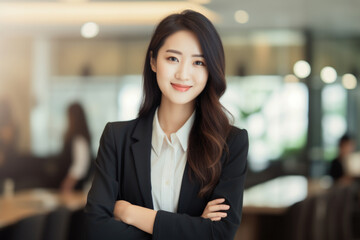 Professional woman standing confidently with her arms crossed. Perfect for corporate and business-related designs.