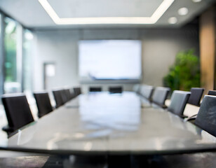 Modern empty out of focus meeting room with screen on wall