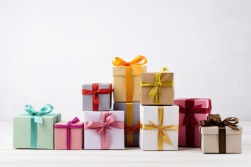 Pile of beautifully wrapped gift boxes with colorful ribbons and bows. Perfect for any occasion or celebration.