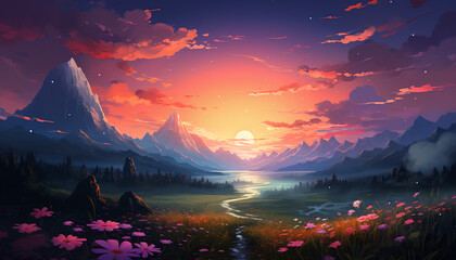Beautiful sunset view of the mountains - obrazy, fototapety, plakaty
