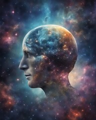 Cosmic portrait of the head of a man whose consciousness has reached the level of infinity