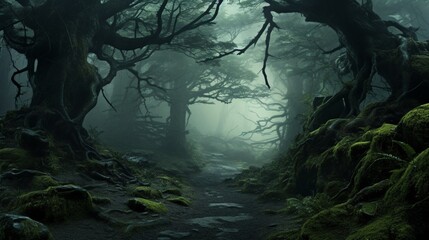 A mystical foggy forest, where ancient trees stand tall and mysterious.