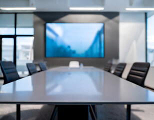 Modern empty out of focus meeting room with screen on wall