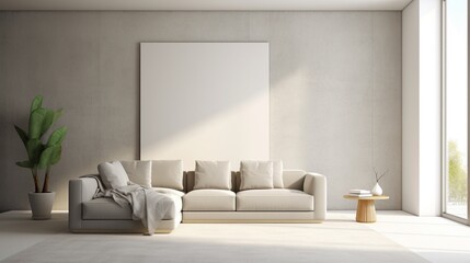 A minimalist living room featuring a 3D wall mockup displaying an abstract art piece with clean lines and subtle gradients.