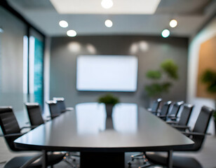 Modern empty out of focus meeting room with screen on wall