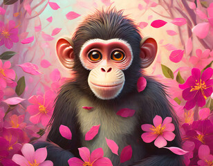 Obraz premium Cute cartoon chimpanzee with pink petals