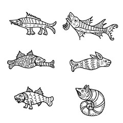 Medieval bestiary style aquatic animals collection. Vintage set of doodle mysterious beasts. Hand drawn surrealistic creations set.