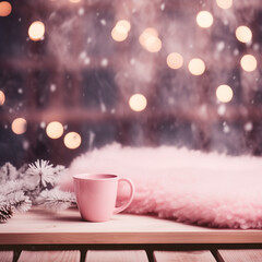 Obraz na płótnie Canvas Winter Holidays concept of hot drinks and beverage with mild feeling in pink colours and pinkmas aesthetics for social media and online advertisements of glamorous products for home decor and beauty