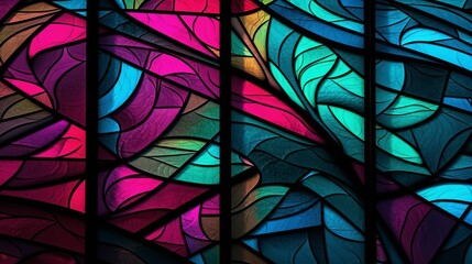 Stained glass window texture pattern. Colorful abstract cyan and magenta background.