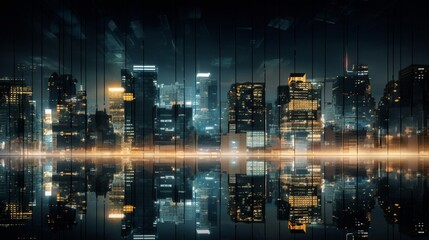 A modern, minimalist city skyline reflected in the glass facade of a skyscraper at night.