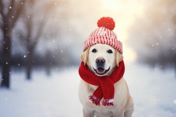 Cute happy dog in winter landscape and christmas time comeliness