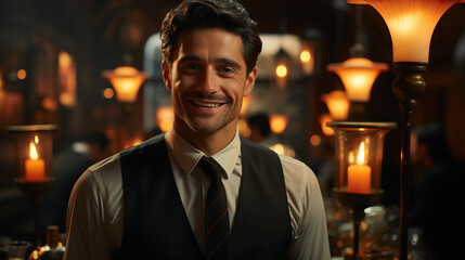 Fototapeta premium Waiter at sophisticated restaurant portrait. Five star. Concept of Elegance and Professional Service.