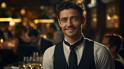 Obraz premium Waiter at sophisticated restaurant portrait. Five star. Concept of Elegance and Professional Service.
