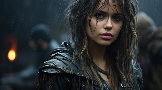 Witch hunter woman in the rain. Concept of Mystery and Pursuit of the Supernatural.