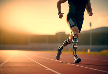 cropped view of Man running with prosthetic legs on a running track