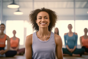 A woman in a purple tank top smiles in front of a group of women