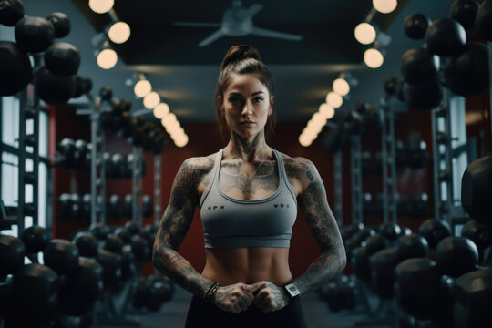 A woman in a gym wearing a sports bra that says vph on it