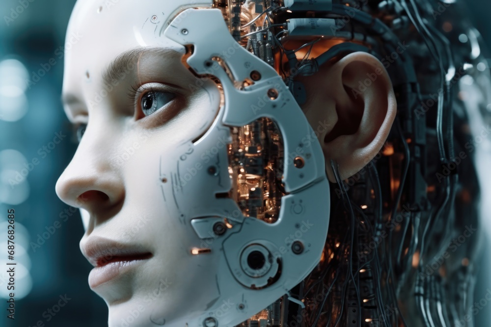 Poster a close up view of a person with a robot head. can be used for futuristic and technology-related con