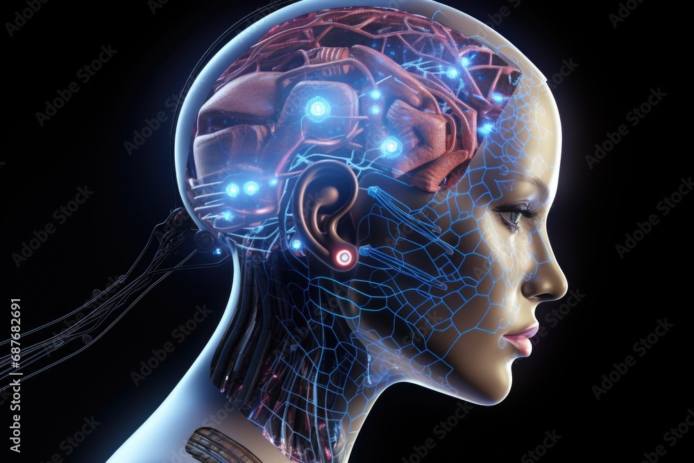 Poster a woman's head with a computer interface. this image can be used to depict concepts of artificial in