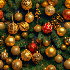 Christmas tree adorned with a colourful array of hanging Christmas decorations.