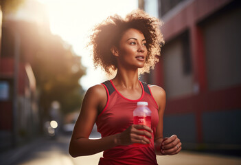 african american Sportswoman using recycling bottle to drink while running - obrazy, fototapety, plakaty