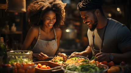 Black couple enjoying soul food dinner. Concept of Cultural Cuisine and Togetherness.