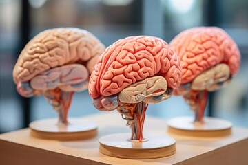 Three model brain models displayed in a glass case. Suitable for educational purposes or medical presentations - obrazy, fototapety, plakaty