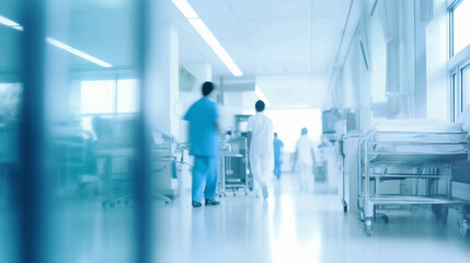 Blurred interior of hospital or clinic corridor background with diverse doctors in motion suitable for medical and healthcare services