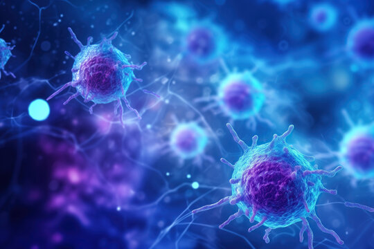 3D cancer cells and Microorganisms mysterious on blue and purple background